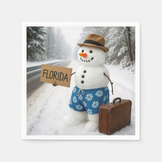 Servilleta De Papel Snowman Hitchhiking to Florida (Anverso)