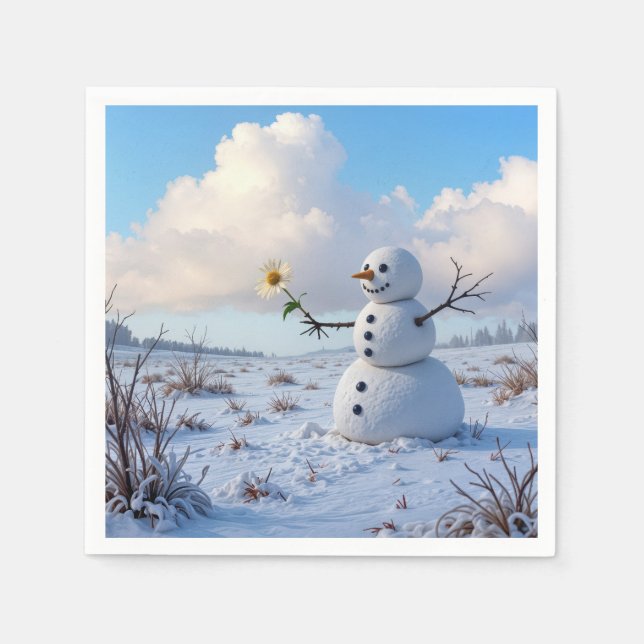 Servilleta De Papel Snowman Holding a White Daisy (Anverso)