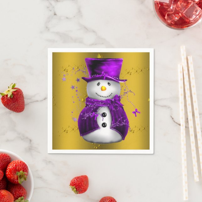 Servilleta De Papel Snowman púrpura sobre Navidades de oro (In situ)