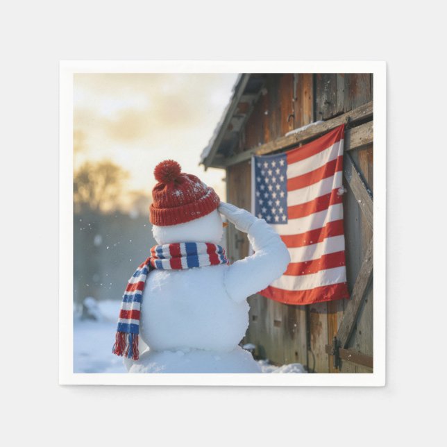 Servilleta De Papel Snowman Saluting an American Flag (Anverso)