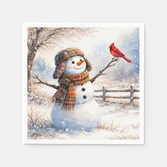 Servilleta De Papel Snowman With Red Cardinal Bird (Anverso)