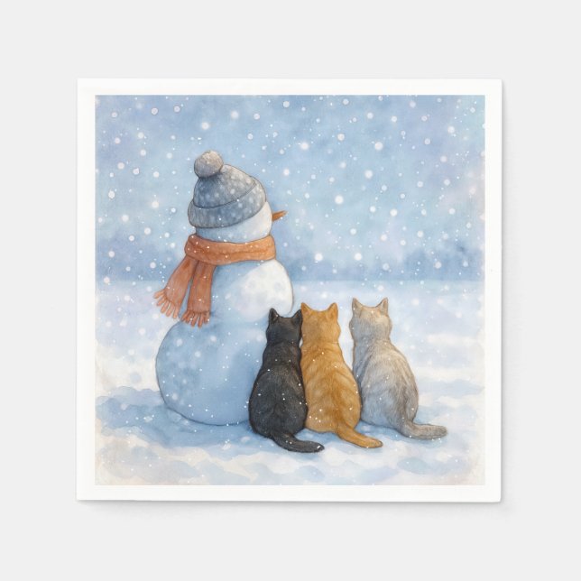 Servilleta De Papel Snowmen and Cats In a Snowy Field (Anverso)