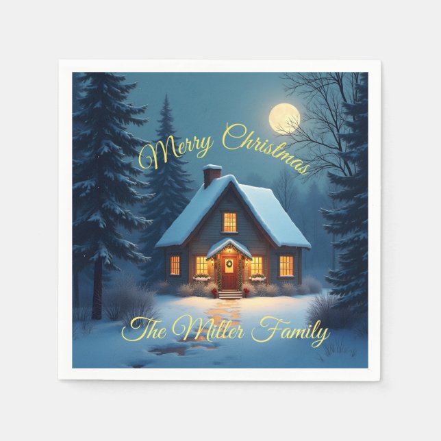 Servilleta De Papel Snowy Christmas Cabin Paper Napkin – Customizable (Anverso)