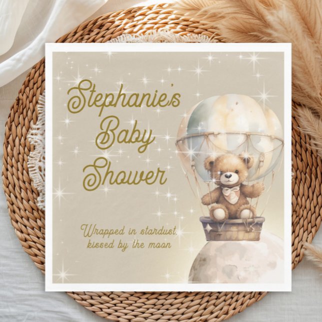 Servilleta De Papel Sobre la luna Teddy Oso Género Baby Shower Neutral (Over the moon teddy bear hot air balloon baby shower paper napkin)