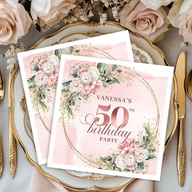 Servilleta De Papel Soft Blush Rose Gold 50th Birthday Cocktail Napkin (Soft Blush Rose Gold 50th Birthday Cocktail Napkins)