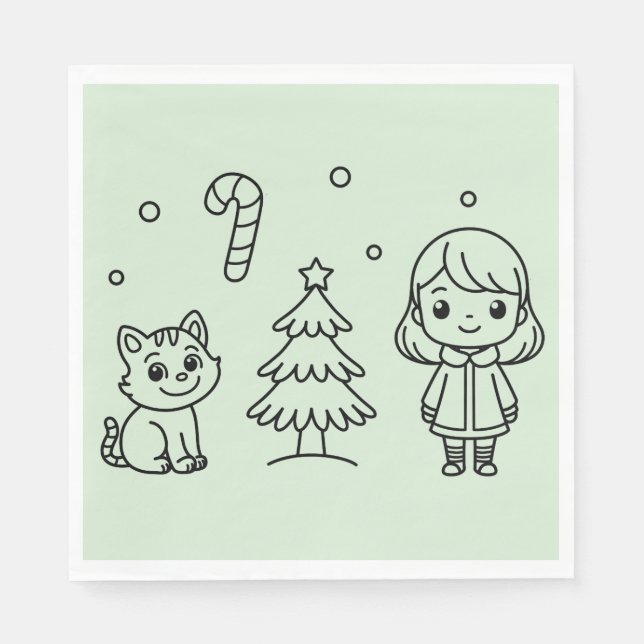Servilleta De Papel Soft Green Cute Girl and Cat Christmas Design (Anverso)