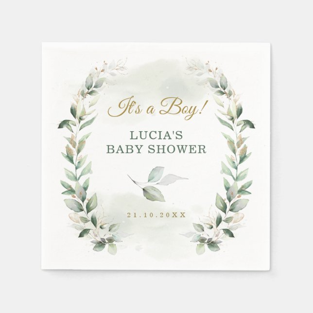 Servilleta De Papel Soft Leafy Greenery Gold Wreath Baby Shower (Anverso)