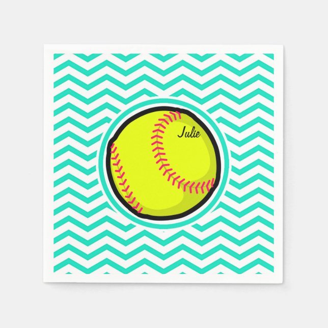 Servilleta De Papel Softball; Aqua Green Chevron (Anverso)