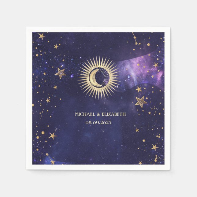 Servilleta De Papel Sol celeste, luna, estrellas morado (Anverso)