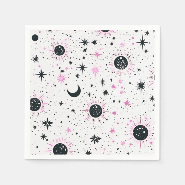 Servilleta De Papel Sol Luna Estrellas Celestiales Negro y Rosa (Anverso)