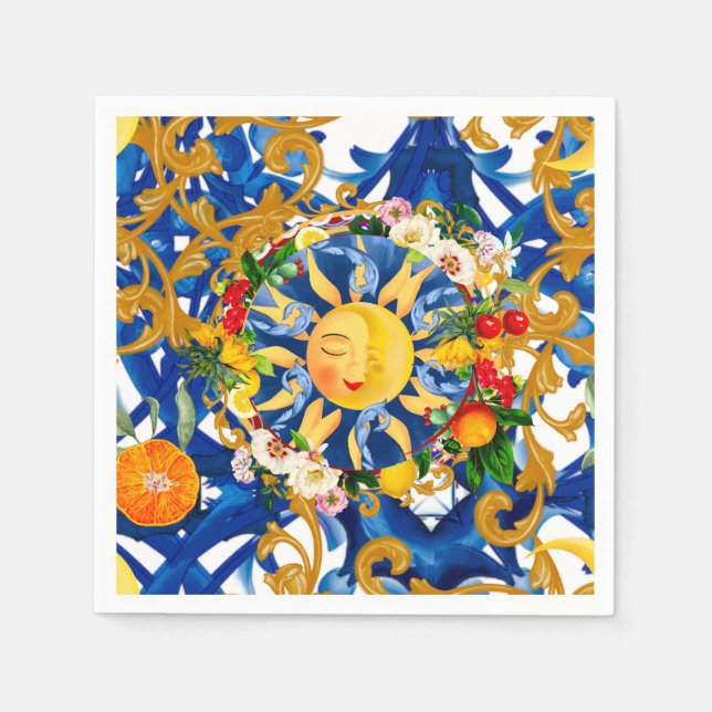 Servilleta De Papel sol siciliano,media luna,verano,mayólica,limón, (Anverso)