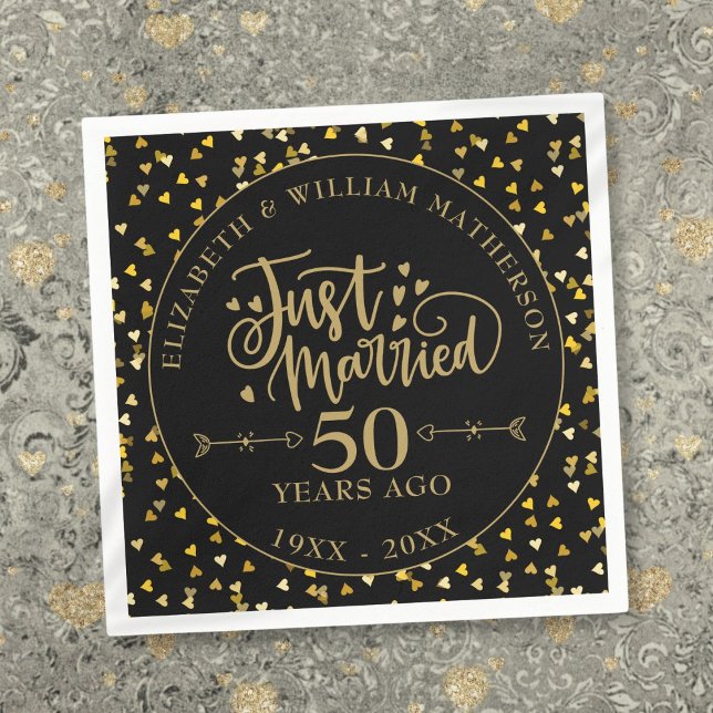 Servilleta De Papel Solo casados con 50 años de negro y oro (Just Married 50th Anniversary Black And Gold Napkins)
