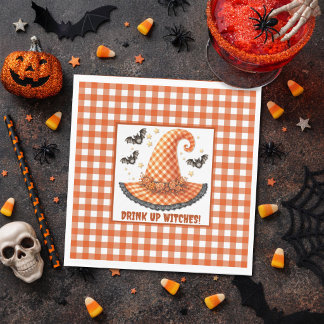 Servilleta De Papel Sombrero de Bruja de Halloween de Gingham Naranja