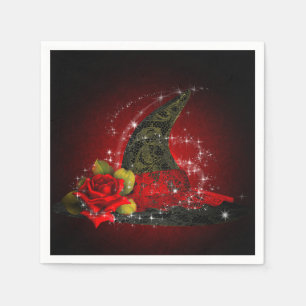 Servilleta De Papel Sombrero de Bruja Glam Lacy Negro y Rojo Brillo Fi