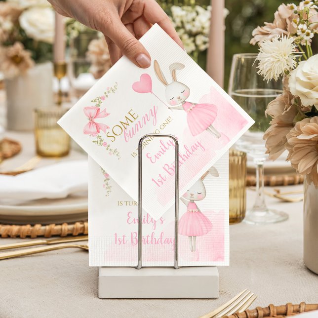Servilleta De Papel Some Bunny is Turning One 1st Birthday, pink bow  (Bunny 1st Birthday Paper Napkins. Some Bunny is Turning One elegant pink floral party supplies.)
