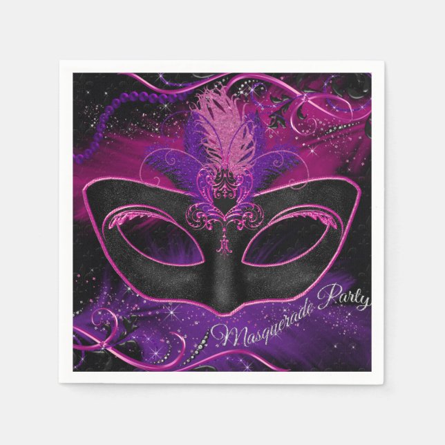 Servilleta De Papel Sparkle Máscara Rosa y Morada Mascarada Fiesta Nap (Anverso)