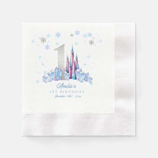 Servilleta De Papel Sparkle Silver Frozen Kingdom Castle 1º cumpleaños (Anverso)