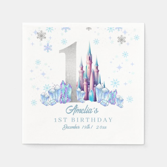 Servilleta De Papel Sparkle Silver Frozen Kingdom Castle 1º cumpleaños (Anverso)