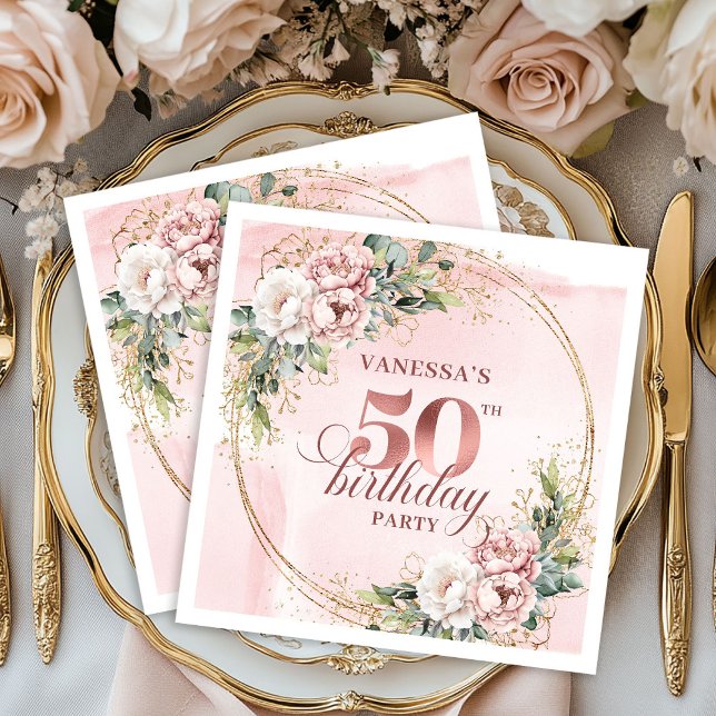 Servilleta De Papel Sparkling Rose Gold Blush Flowers 50th Birthday  (Sparkling Rose Gold Blush Flowers 50th Birthday Dinner Napkins

)