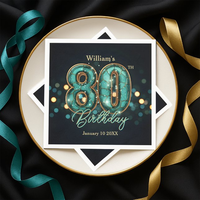 Servilleta De Papel  Sparkling Teal and Gold 80th Birthday  (Subido por el creador)