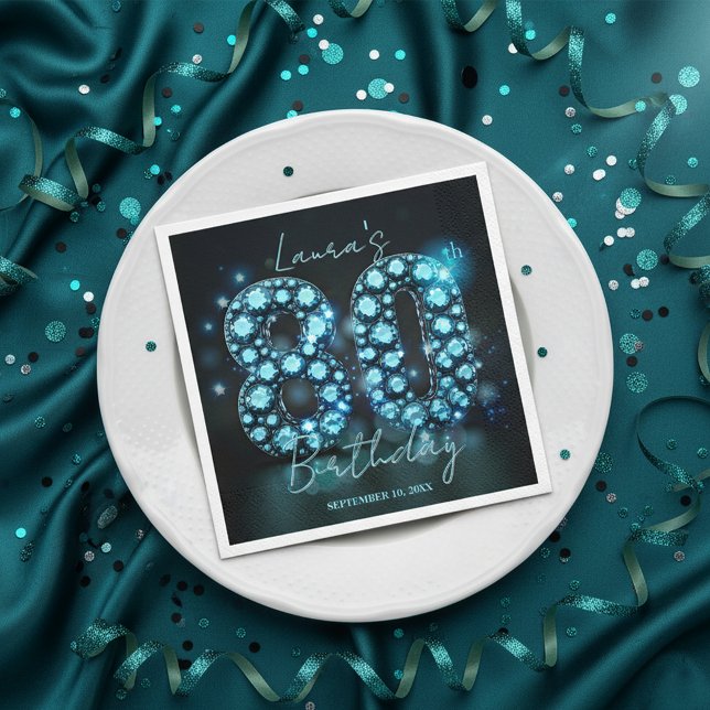 Servilleta De Papel Sparkling Turquoise Black Diamond 80th Birthday (Subido por el creador)