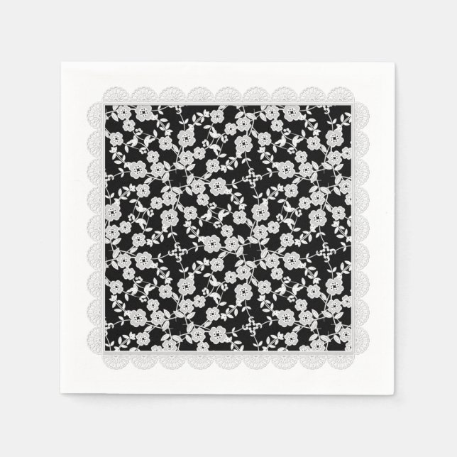 Servilleta De Papel Spray floral,NAPKINS FIESTA Lace-White-Black-PAPER (Anverso)