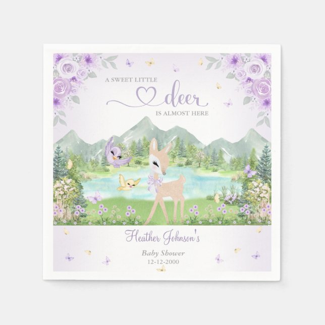 Servilleta De Papel Spring Bloom and Butterflies Deer Baby Shower  (Anverso)