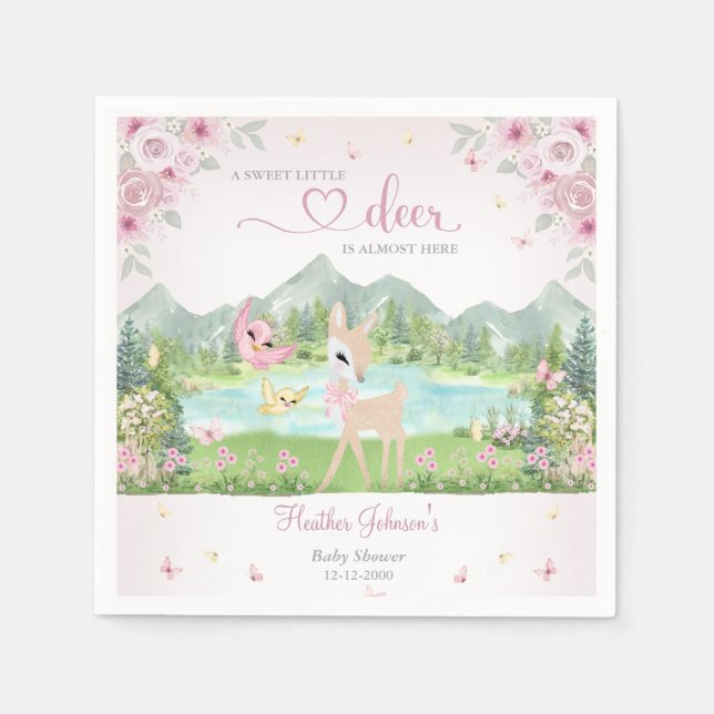 Servilleta De Papel Spring Bloom and Butterflies Deer Baby Shower  (Anverso)