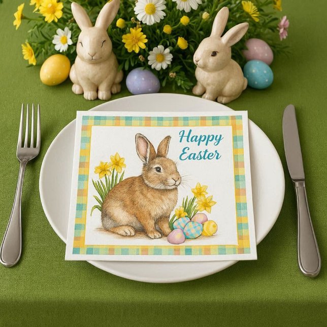 Servilleta De Papel Spring Plaid with Easter Bunny  (Elevate your Easter table setting with our spring plaid bunny paper napkins. )