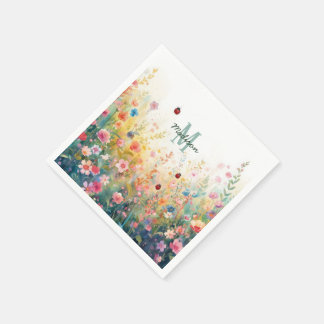 Servilleta De Papel Spring Watercolor ladybug Floral Monogram Wildflow