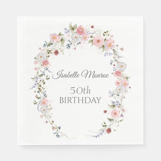 Servilleta De Papel Spring Wildflowers Purple Pink 50th Birthday  (Anverso)