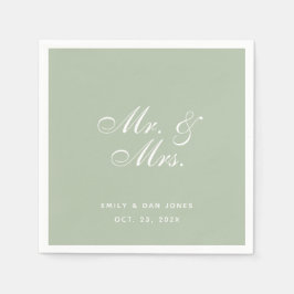 Servilleta De Papel Sr. y la Sra. Sage Boda White Elegant Script Green