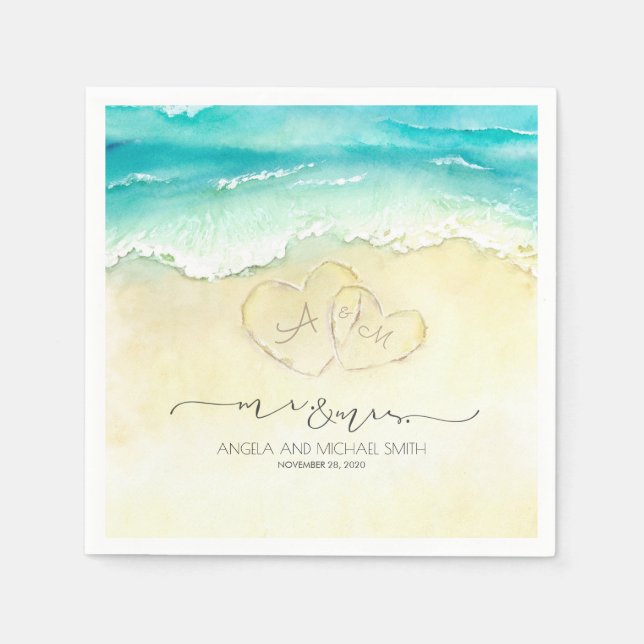 Servilleta De Papel Sr. y Sra. Beach Hearts Watercolor (Anverso)