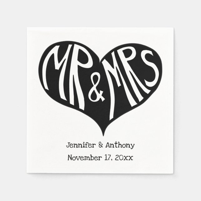 Servilleta De Papel Sr. y Sra. Black and White Heart Shape Boda (Anverso)