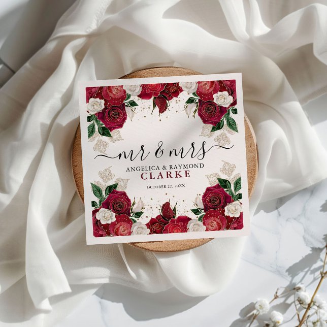 Servilleta De Papel Sr. y Sra. Burgundy & White Floral Elegant Wedding (Subido por el creador)