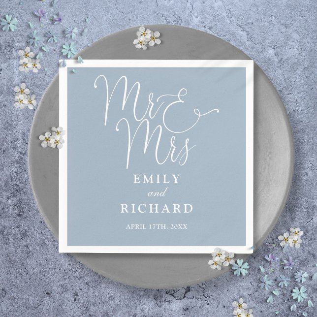 Servilleta De Papel Sr. Y Sra. Script Elegant Dusty Blue Boda (Mr And Mrs Script Elegant Dusty Blue Wedding Napkins)