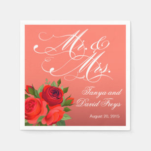 Servilleta De Papel Sr. y Sra. Script Typography Rosas Floral coral
