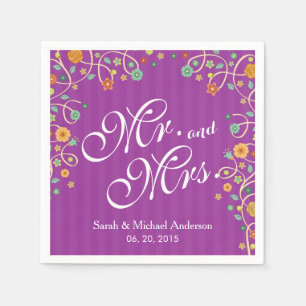 Servilleta De Papel Sr. y Sra. Stylish Purple Swirl Boda Floral