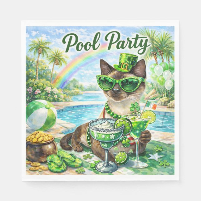Servilleta De Papel St. Patrick’s Day Glam Cat Pool Party  (Anverso)