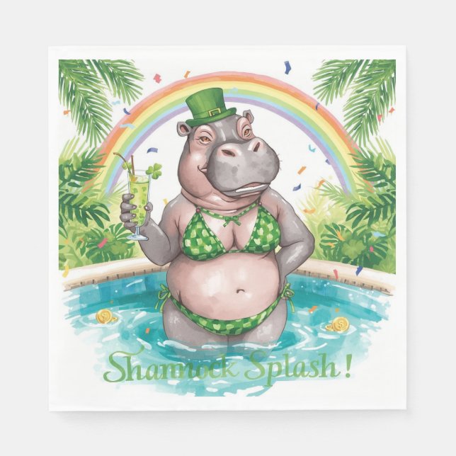Servilleta De Papel St. Patrick’s Day Glam Hippo Bikini in the pool  (Anverso)