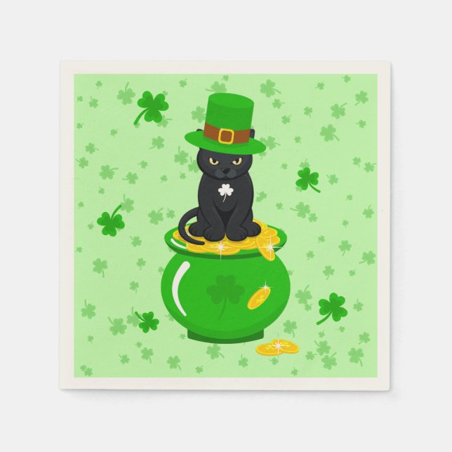 Servilleta De Papel St. Patrick's Day Shamrock Pot of Gold Black Cat (Anverso)