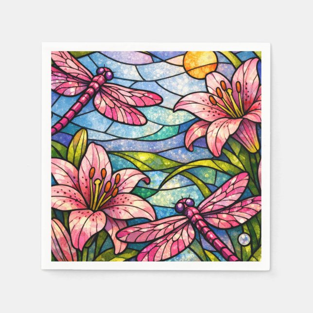 Servilleta De Papel Stain Glass Lilies and Dragonflies Pink (Anverso)