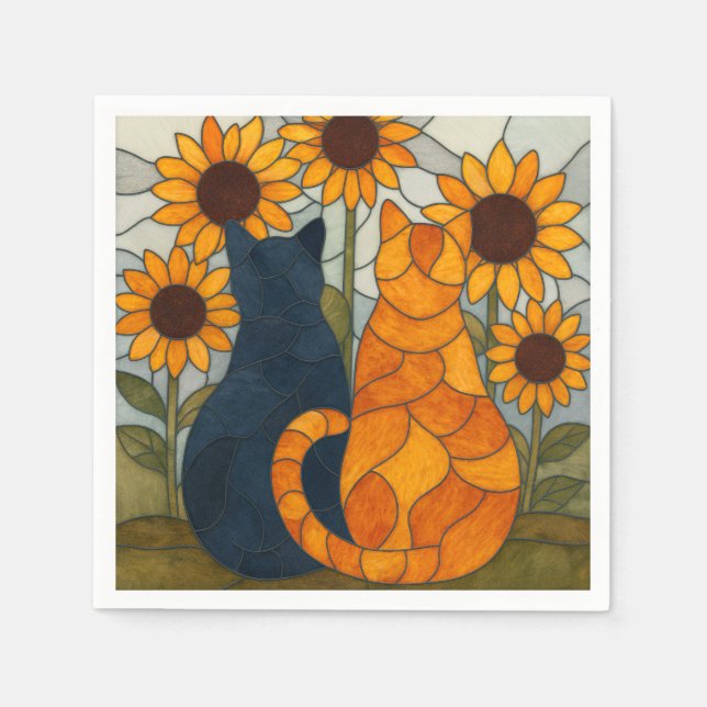 Servilleta De Papel Stained Glass Cats and Sunflowers Art Design (Anverso)