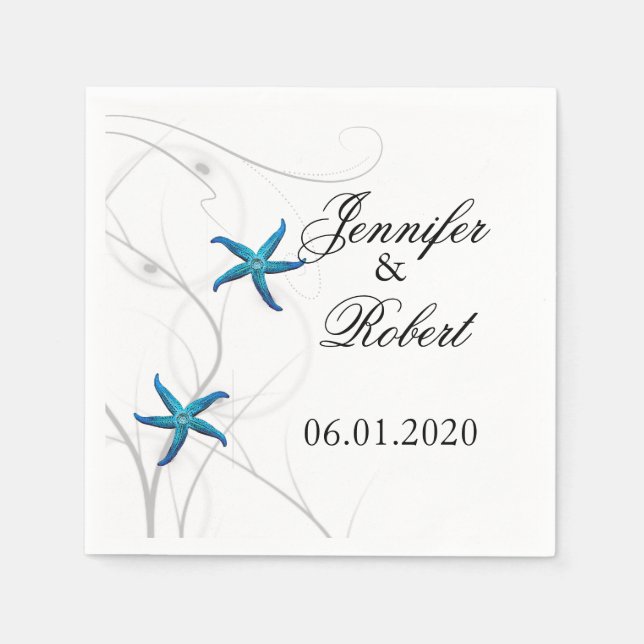 Servilleta De Papel Starfish azul con Napkin Boda de coral plateado (Anverso)
