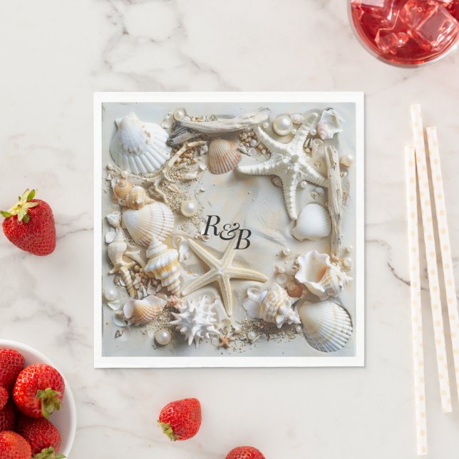Servilleta De Papel Starfish Pearls Seashells Driftwood Beach (In situ)