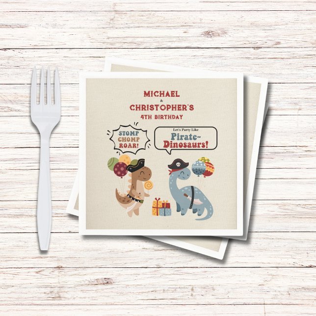 Servilleta De Papel Stomp Chomp Roar Pirate Dinosaur Twin Boy Cumpleañ (Your twin boys will Chomp Stomp Roar with these pirate dinosaurs as they celebrate their birrthday.)