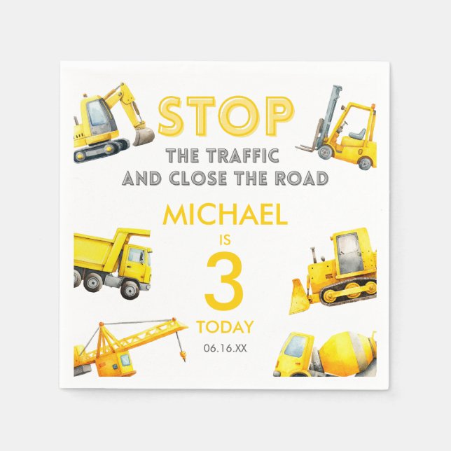 Servilleta De Papel Stop The Traffic Construction Trucks Birthday (Anverso)