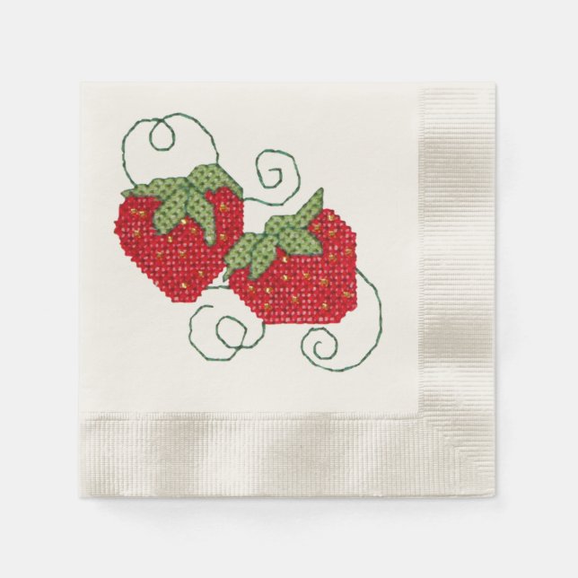 Servilleta De Papel Strawberries Cross Stitch Imagen (Anverso)