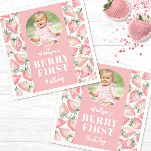 Servilleta De Papel Strawberry Berry primera foto primera Fiesta de cu (Strawberry Berry First Photo 1st Birthday Party Napkins)