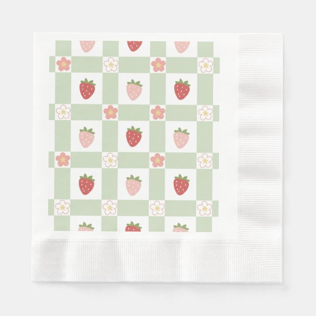 Servilleta De Papel Strawberry Gingham First Birthday Coined Edge (Anverso)